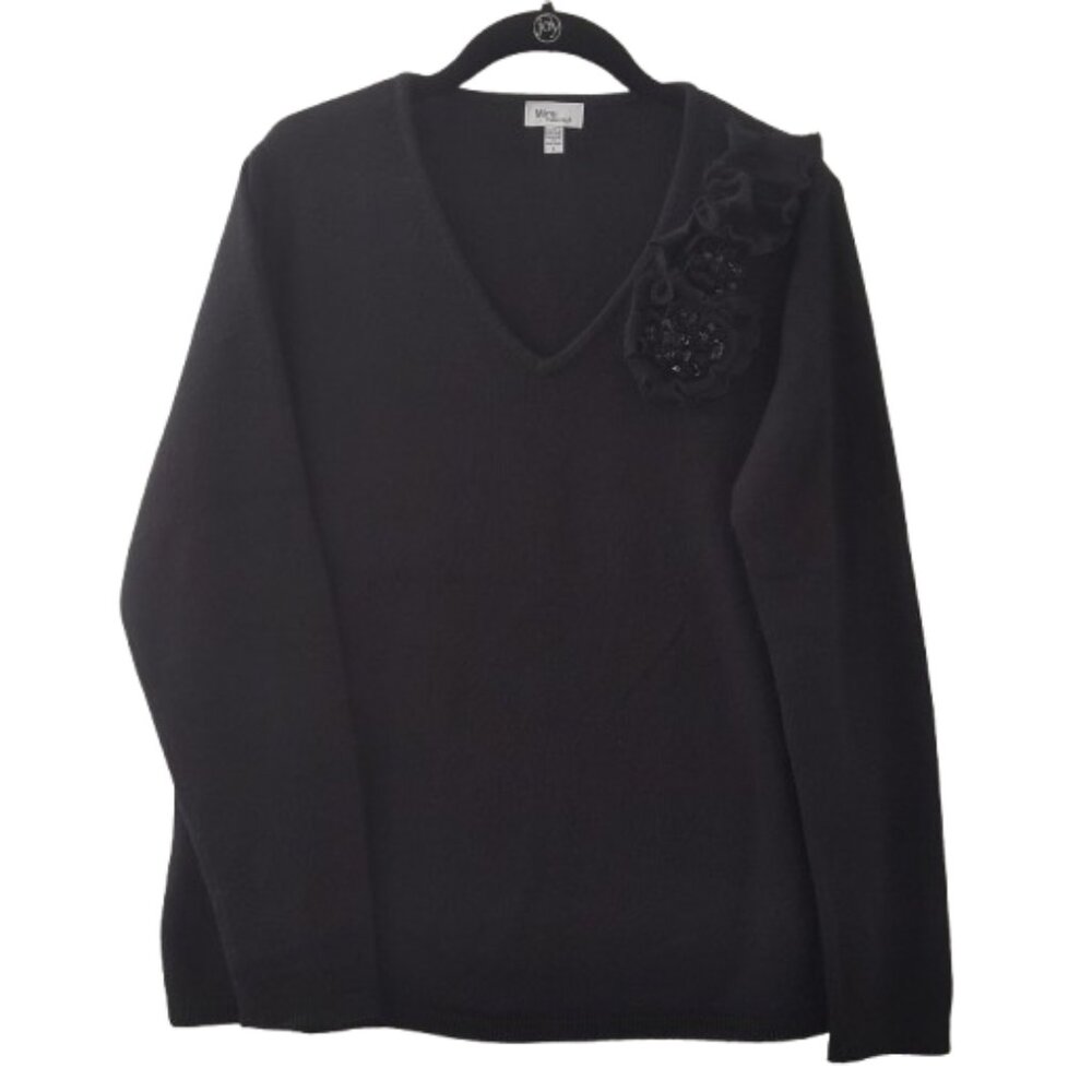 Mimi Maternity Black V-Neck Sweater w/Flower Detail - Women's Large